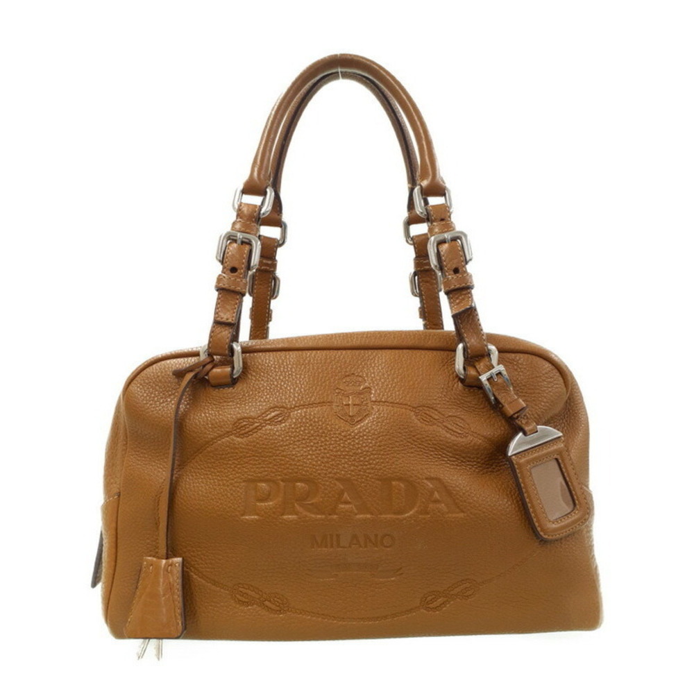 Prada Vitello Daino Embossed Logo Bauletto handbag Brown